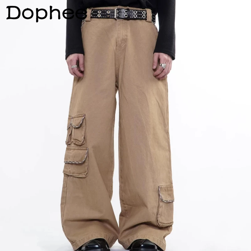 

Fashion Tooling Jeans Men Women 2026 Spring New Multi-pocket Straight Chic Denim Trousers Solid Color Trendy Long Denim Pants