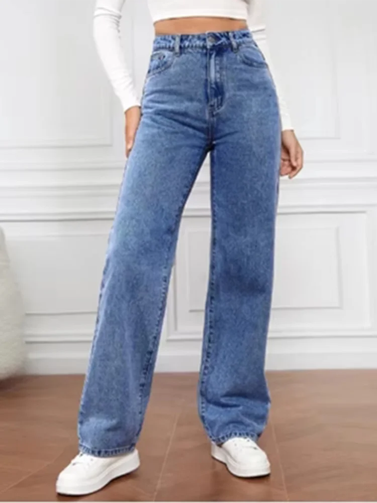 Zwarte jeansbroek Dames effen kleur broek Hoog getailleerde zak Street Fashion Dagelijkse herfst broek met rechte pijpen