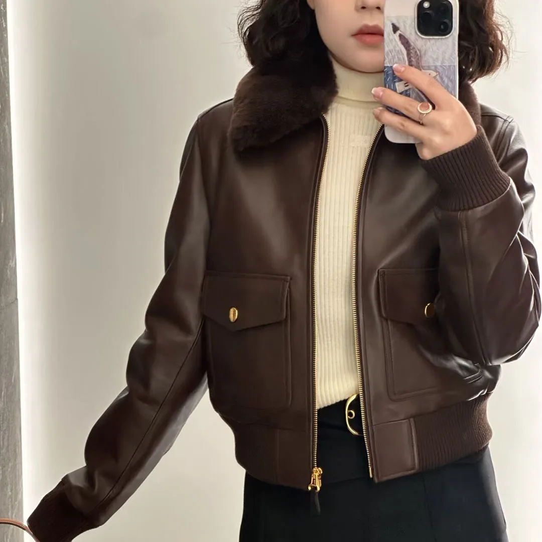 Vintage Brown 100% Sheepskin Leather Cotton Liner Coat Women Patchwork Lamb Lapel Zipper Long Sleeve New Winter Warm Jacket