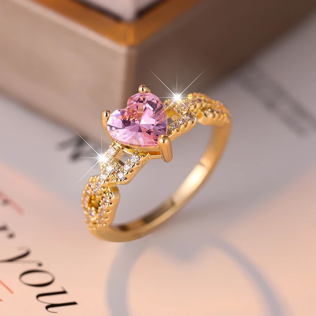 Sweet Pink Heart Ring for Women 18K Gold Plated Creative Chain Band Bridal Wedding Engagement Promise Rings Romantic Jewelry AliExpress