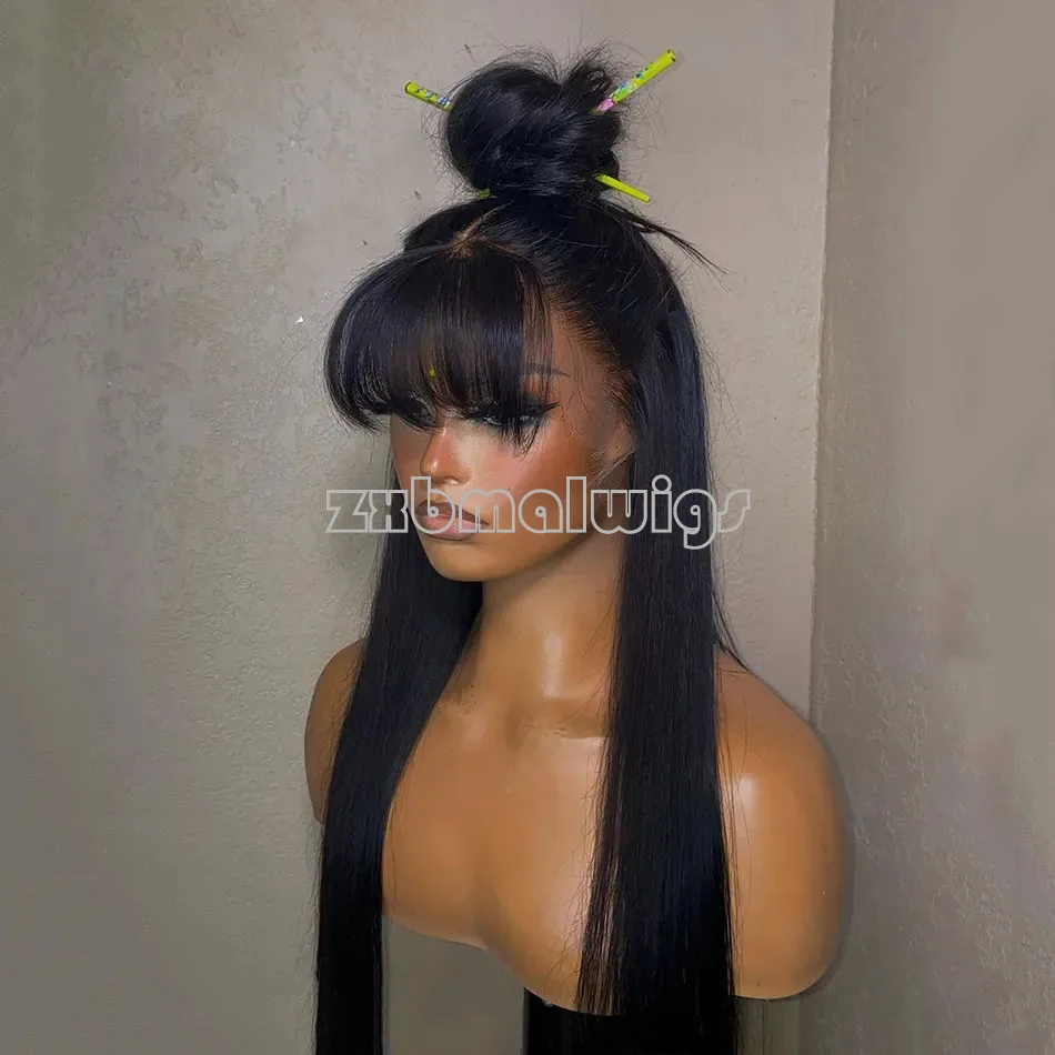 Black Soft Glueless Preplucked 30 Inch Straight Bangs Fringe  Lace Front Wig For African Women Babyhair Synthetic  Fiber Daily