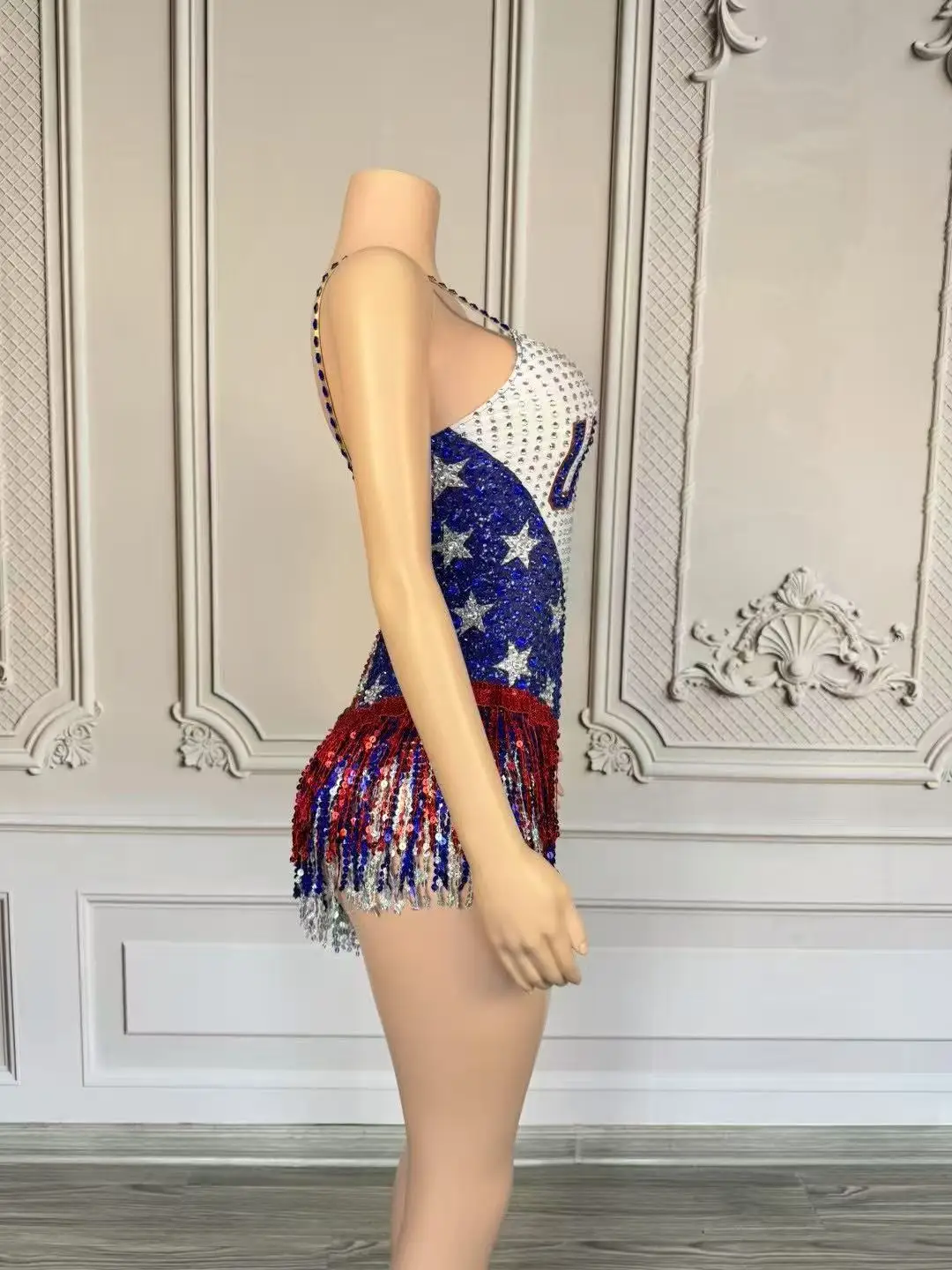 반짝 이는 라인 석 Tassel Bodysuit 여성 섹시한 무대 공연 댄스 복장 크리스마스 축제 생일 파티 클럽 의상