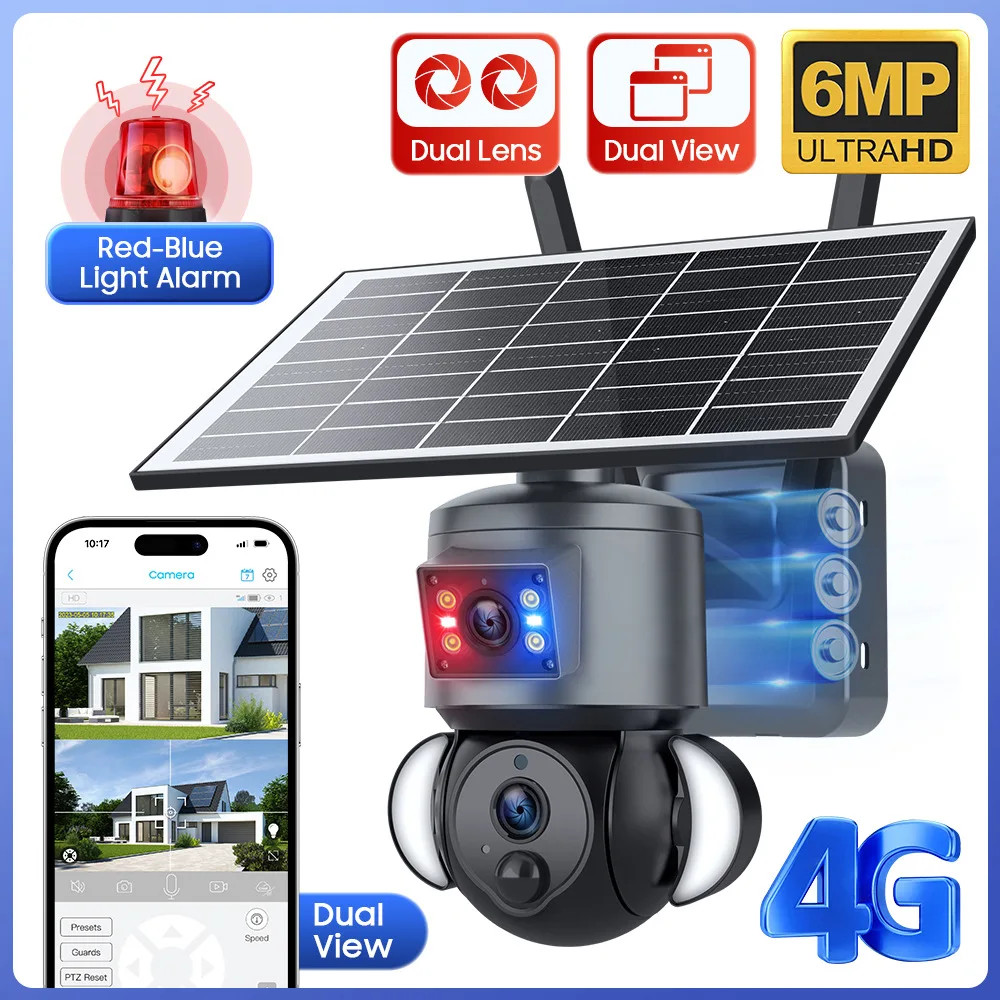 

Солнечная камера безопасности с двумя объективами 4G - внутренняя и наружная IP65 водонепроницаемая 1080P красно-синяя сигнализация 15 м ИК ночного видения двусторонняя аудиосвязь