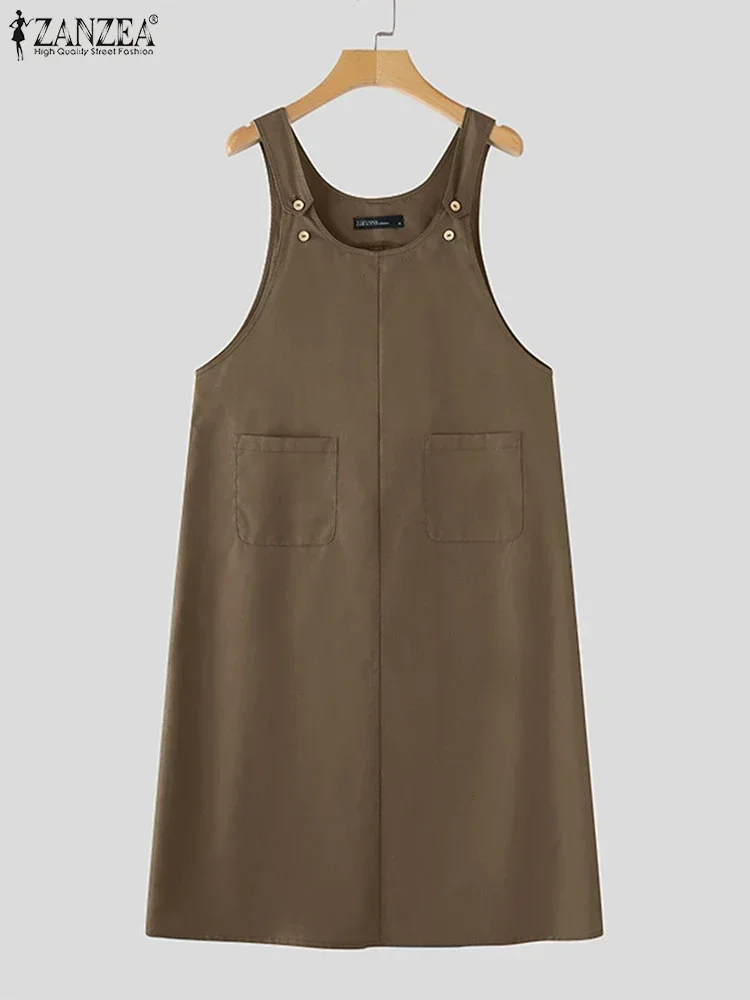 ZANZEA Women Summer Tank Long Dress 2025 Sleeveless Pockets Robe Casual Loose Adjust Suspender Sundress Fashion Solid Midi Dress