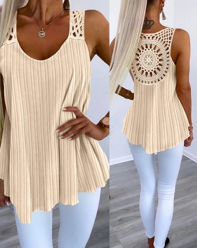 

Shirt Sleeveless Lace Crochet Tanks Pullover for Women 2024 Summer U-Neck Hollow Out Crochet Lace Daily Vacation Tank Top