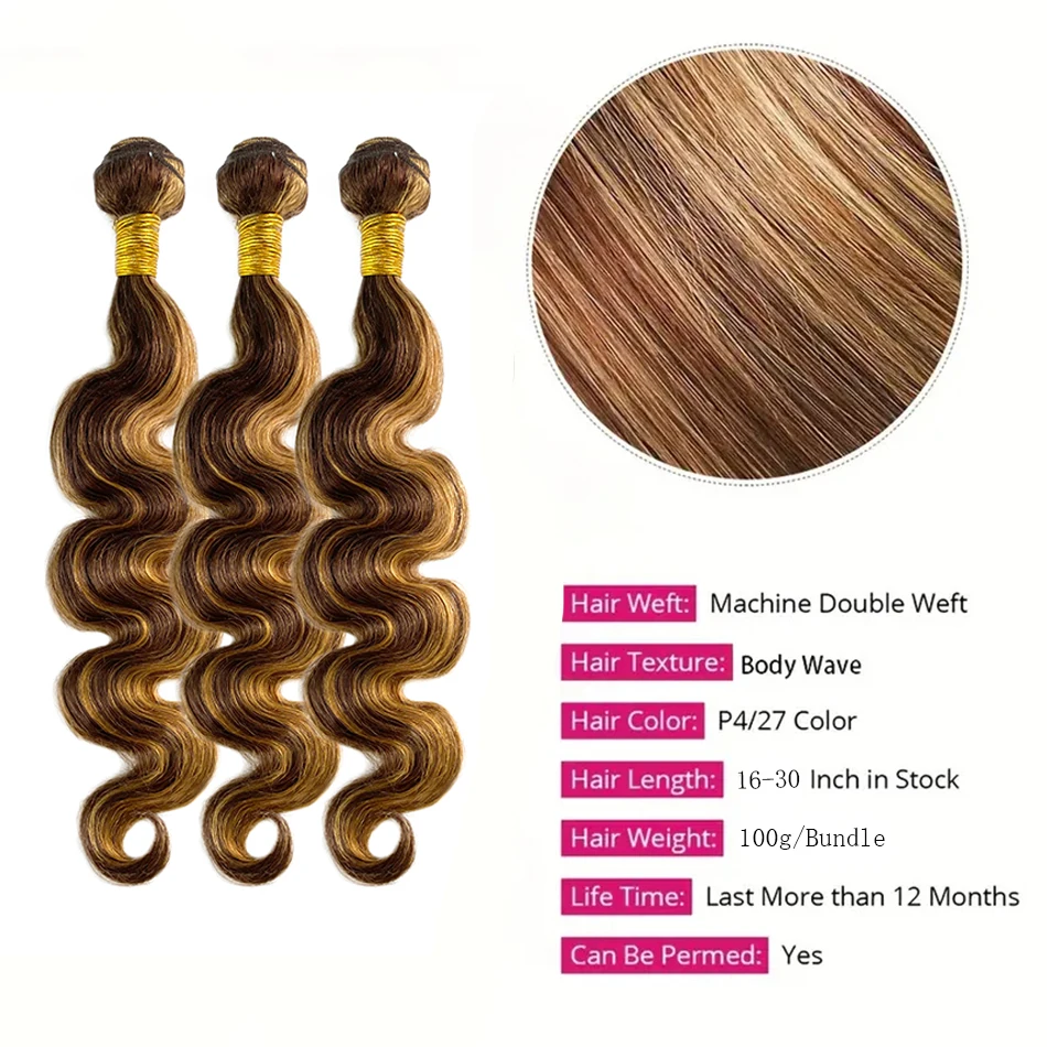 Unprocessed Body Wave Hair Extensions, Ombre Brown Hair Bundles, Quick Weave, P4 27 Destaque Pacotes, 100% cabelo humano, 30"