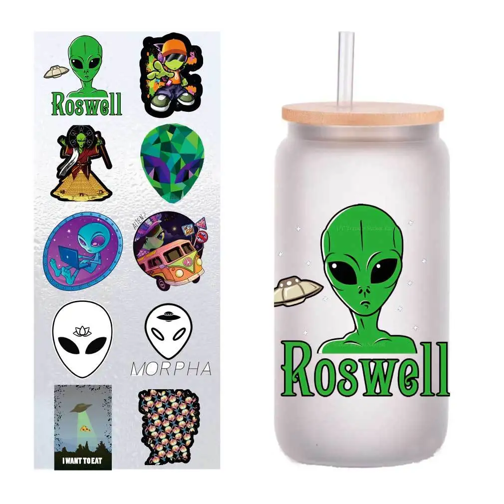 

10 PCs/Pack of alien small fresh cartoon UV transfer stickers Crystal label DIY stickers customized four inches