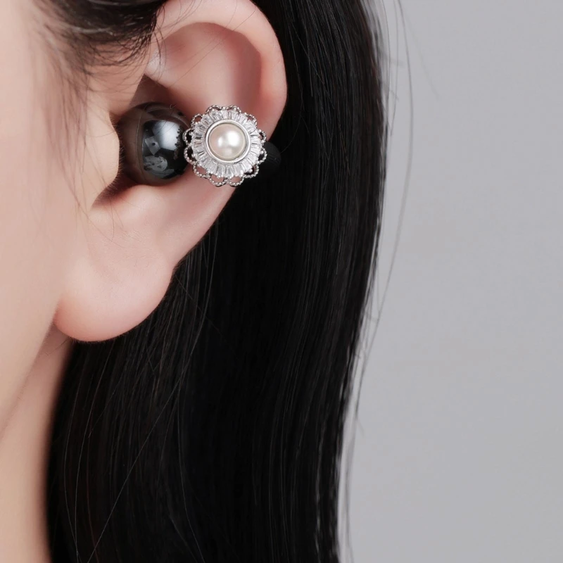 Ornamental Earbud Decorations, 1 Pair with Scalloped Borders, Domed Centers and Clear Rectangular Stone Detailing F19E