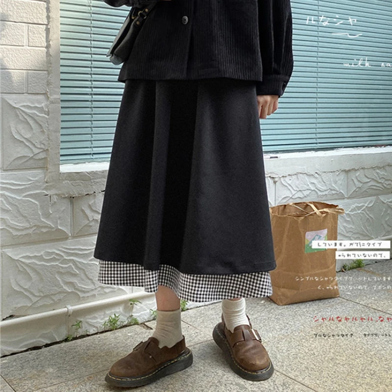 Japanese Style Midi Skirts for Women Y2k Kawaii Spliced Design Chic Youths A-line Skirt Fashion Harajuku Street Spring Autumn