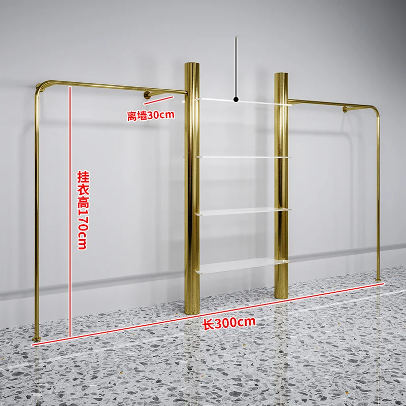 Custom. high end plating clothing rack pipe metal stainless steel wall clothing rack for boutique clothing store