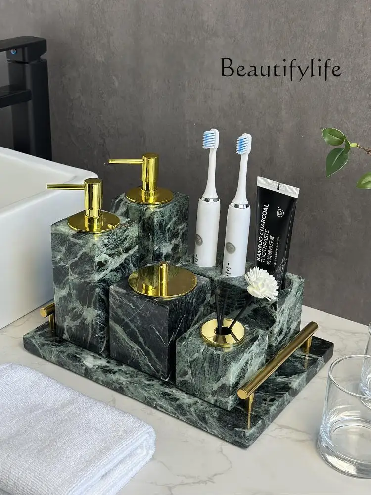 Y Luxury Natural Marble Bath Tray Set - Green Onyx Stone Vanity Organizer W/ Hotel-Grade Waterproof Design For Spa & Home Decor