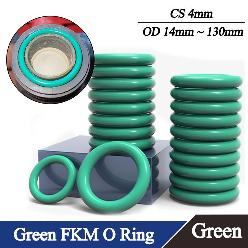 FKM Green O Ring Gasket CS 4mm OD 14mm ~ 130mm 10/50Pcs Fluorine Rubber Sealing Washer Heat Resistant Oil Resistant Acid Alkali