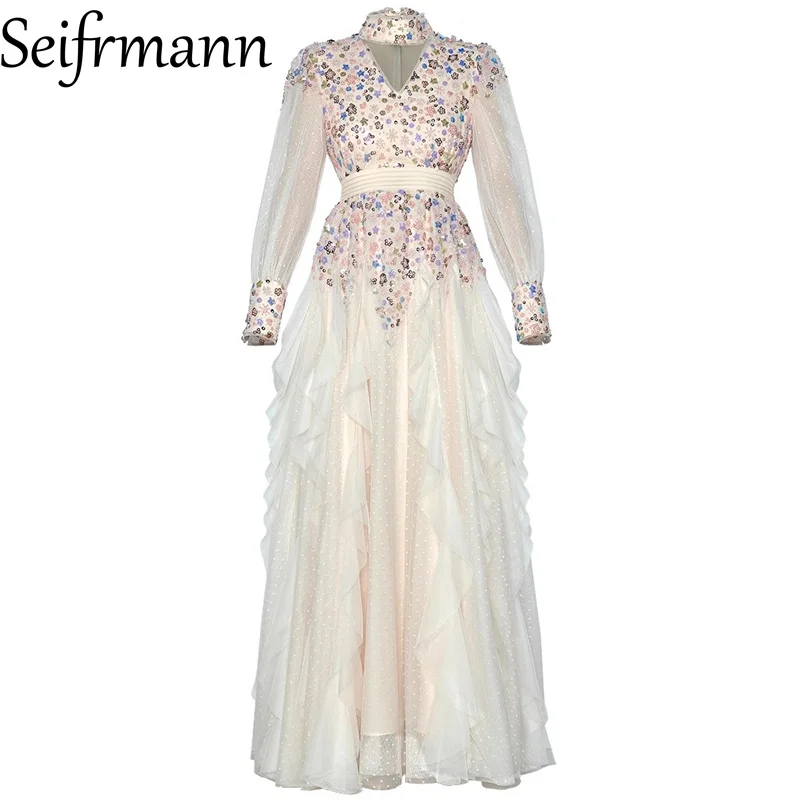 Seifrmann 2026 Spring Women's New Fashionable V-neck  Long Sleeve Nail Beaded Waist Cinching Ruffle Edge Dress