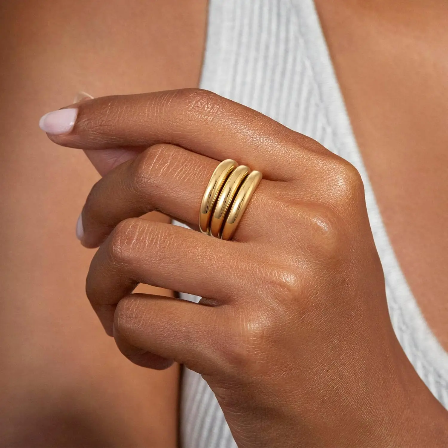 Damen-Ring aus Edelstahl, glatt, oval, mehrschichtig, personalisierbar, schlicht, Retro-Mode, klassischer Schmuck