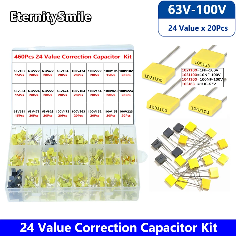 460Pcs/Box 63V 100V 24 Value Correction Capacitor Kit 105J 272J 472J 104J 334J 224J Polypropylene Safety Plastic Film102-823 Set