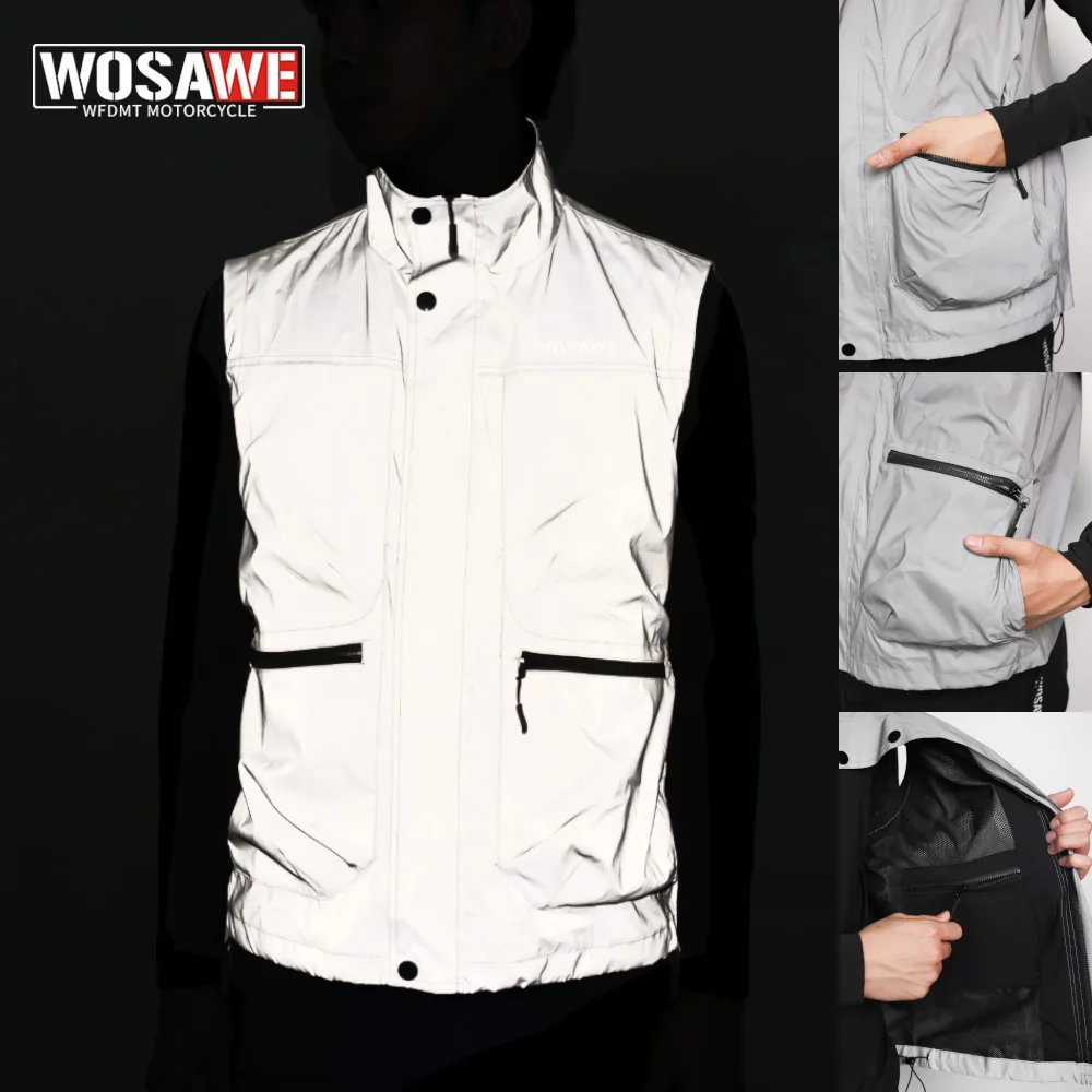 

WOSAWE Full Reflective Motorcycle Vest Breathable Sleeveless Jacket Moto Street Riding Night Running Safety Coat Working Clothes