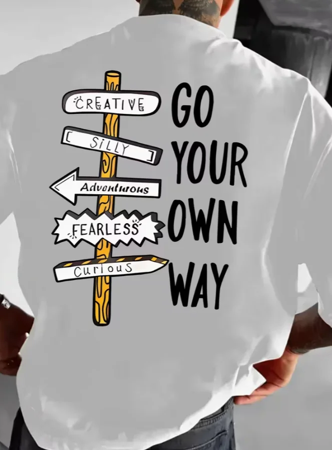 Men'S White Tee Featuring 'Go Your Own Way' Striking Black Text Crew Neck, Short Sleeves Summer Activities Comfortable T-shirt