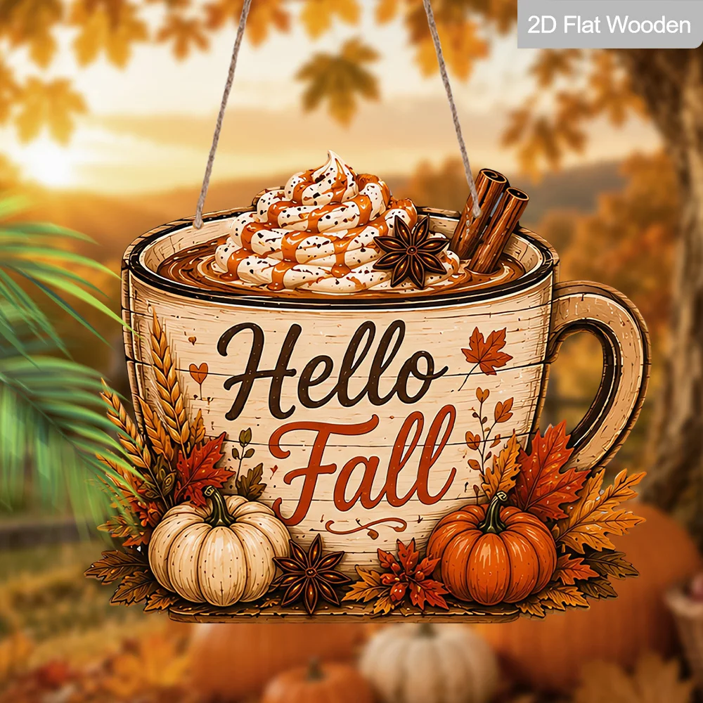 2D Holzschild „Hello Fall“ für Kaffeetassen zum Aufhängen, Kürbis-Zimt-Ahorn-Weizen-Motiv, Bauernhaus-Stil, Herbst-Dankeschön-Schild für Haustür und Wand – Detail 5