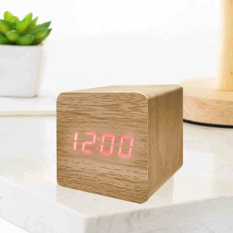 Wood Cube Voice Control Alarm Clock Digital Desktop Clocks Battery Powered School Bedside Clocks Home Office Table Decoration