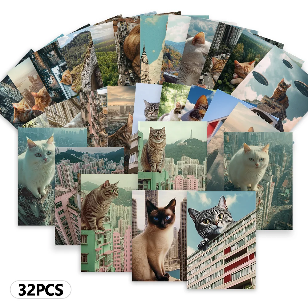 32 Stück, Katzen-Reisepostkarten, Geburtstags-/Jahrestagsgeschenke, thematische Notizbücher/Grußkarten/Postkarten, Sammlerstück und erhältlich