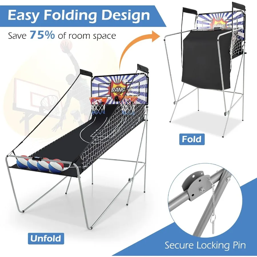 Foldable Dual Shot Basketball Arcade Game Electronic Basketball Hoop with LCD Scoreboard for Indoor and Outdoor Use Features 8