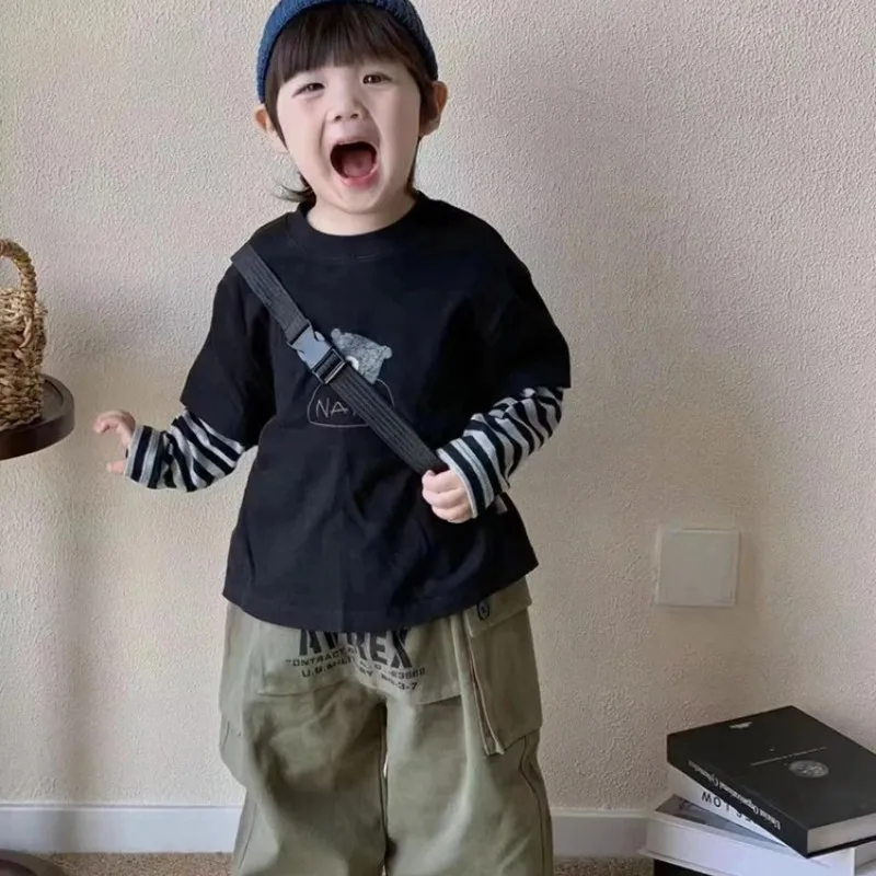 

Boys Clothes Set Spring and Autumn New Children's Cartoon Letter Fake two-piece T-shirt+pants 2-piece Set