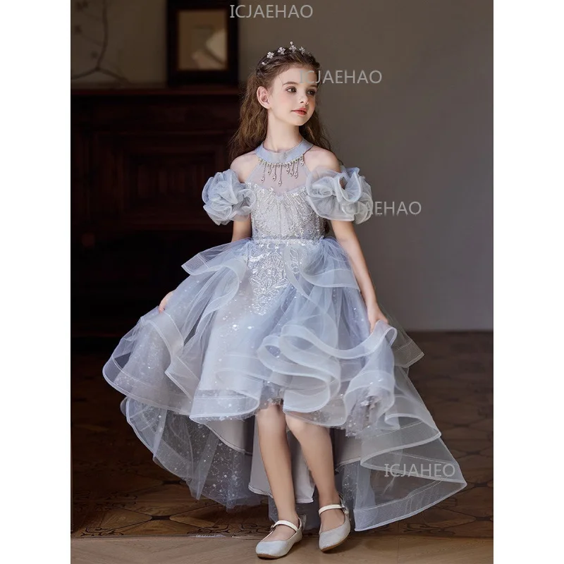 Children Girls Birthday Princess Dress Piano Performance Wedding Flower Girl Clothes Petal Sleeve Tassel Gown Host Kids Elegant