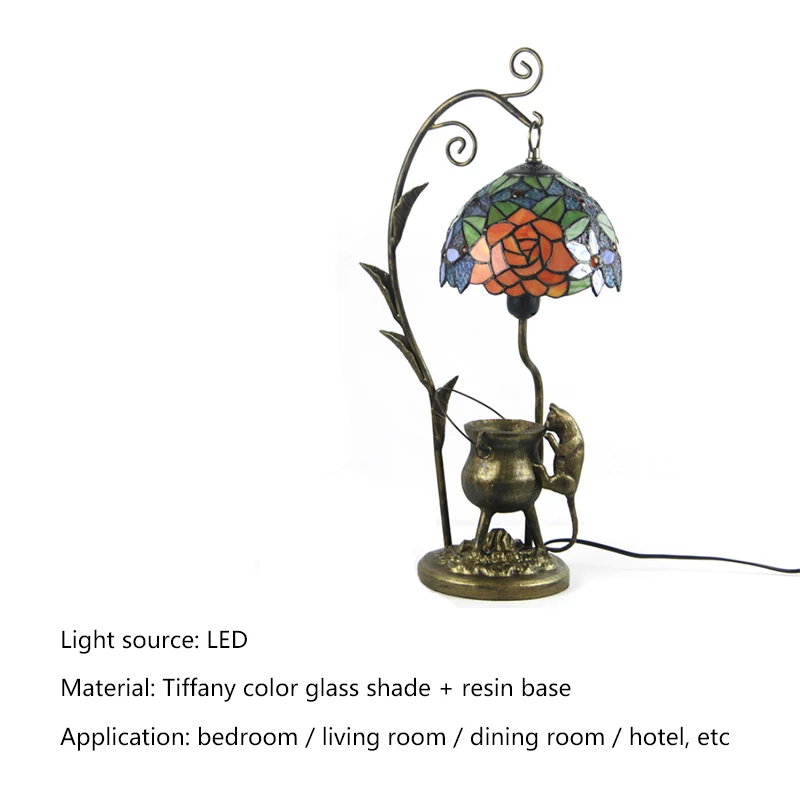 ULANI Tiffany Glass Table Light LED Creative Resin Bedside Desk Lamp Flower Shape Lampshade For Home Living Room Bedroom