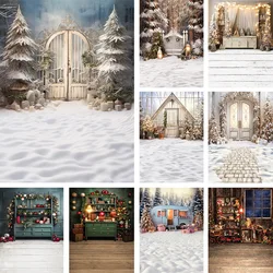 Mehofond Sfondo fotografico Inverno Natale Fienile Porta in legno Neve Albero di Natale Bambini Ritratto di famiglia Decor Sfondo Studio fotografico