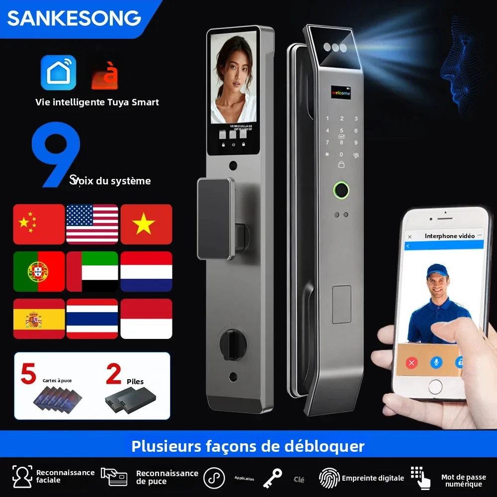 SANKESONG Tuya serrure de porte intelligente 3D avec moniteur de caméra de sécurité empreinte digitale intelligente et mot de passe biométrique double batterie