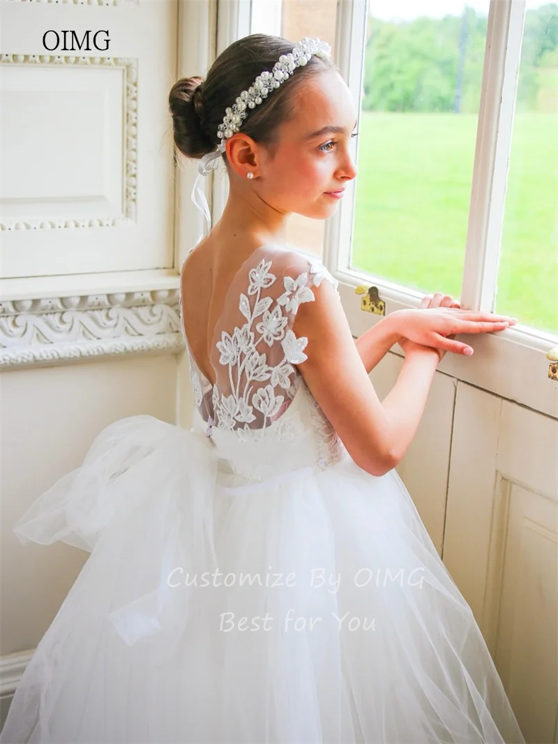 فساتين OIMG الفاخرة من الدانتيل برقبة دائرية على شكل حرف a لفتاة الزهور بذيل طويل لحفلات الزفاف بطول الكاحل فستان عيد الميلاد niñas مخصص #2