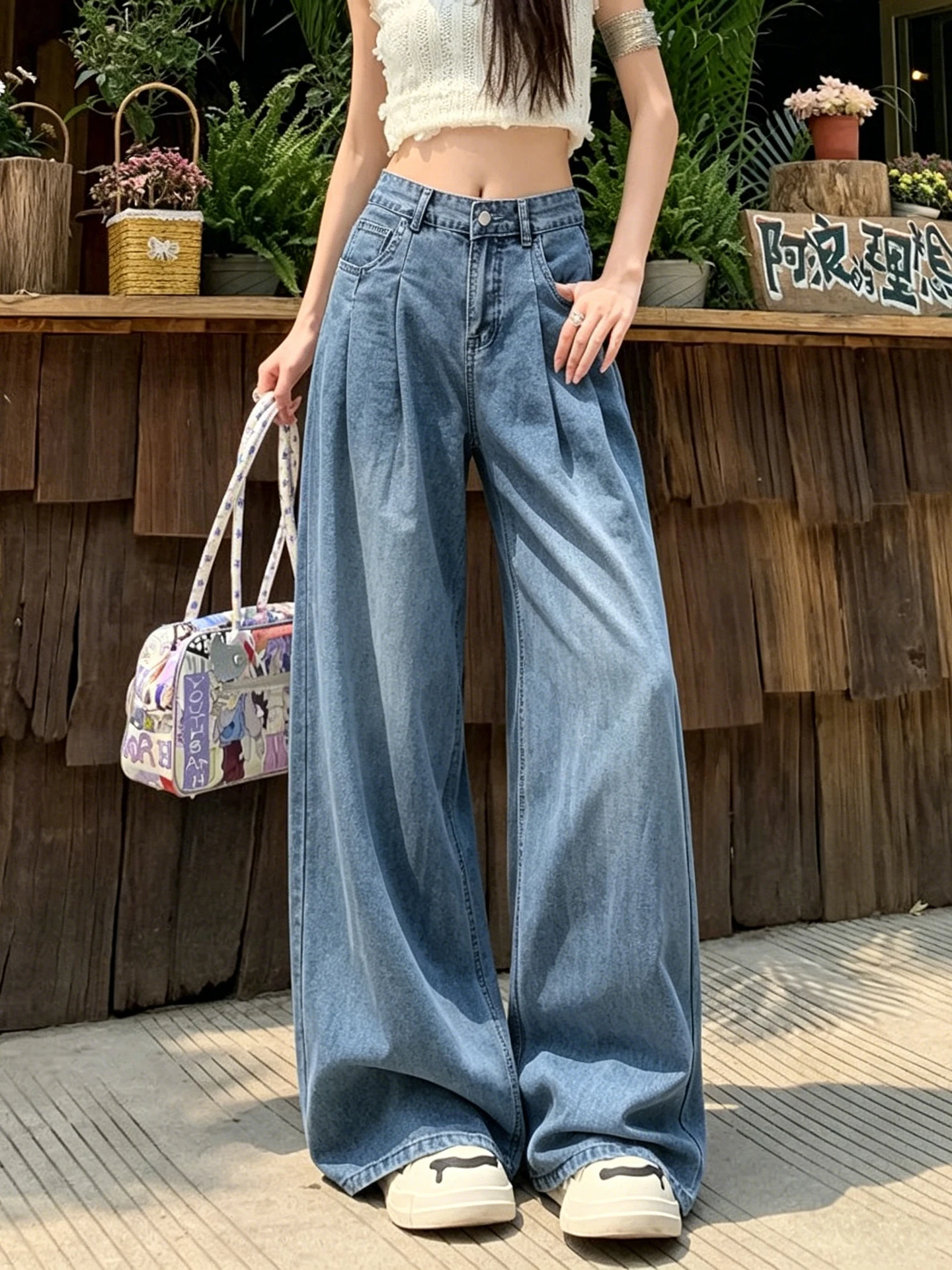 

American Retro Soft Denim Jeans Women Summer Thin High Waist Slim Loose Drapey Ice Silk Wide Leg Pants High Waist Wide Leg Jeans