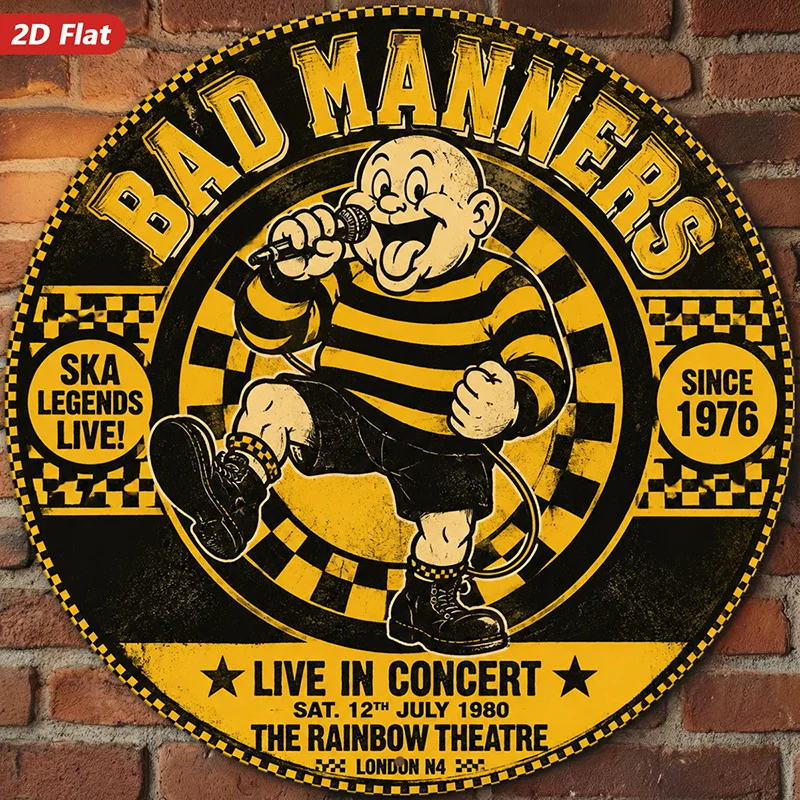 2D Flat, 1pc Ska Punk Tribute Round Metal Sign Wall Art, Bad Manners Text, Singing Cartoon Figure, Home Decor, Microphone In Han