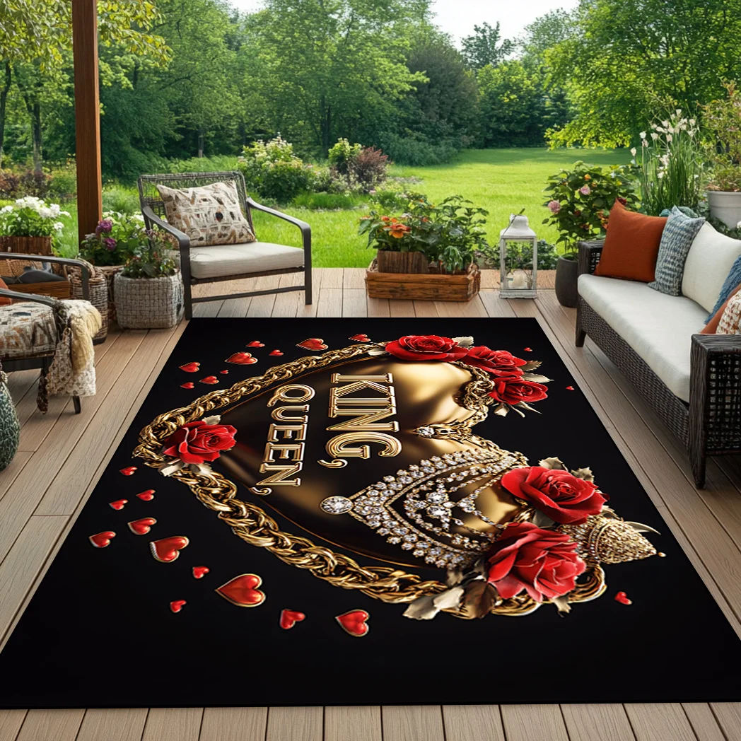

1pc Carpet Love Heart King Queen Rose Printed Non-slip Parlor Rug Soft Polyester Carpet Birthday Gift Living Room Bedroom Decor