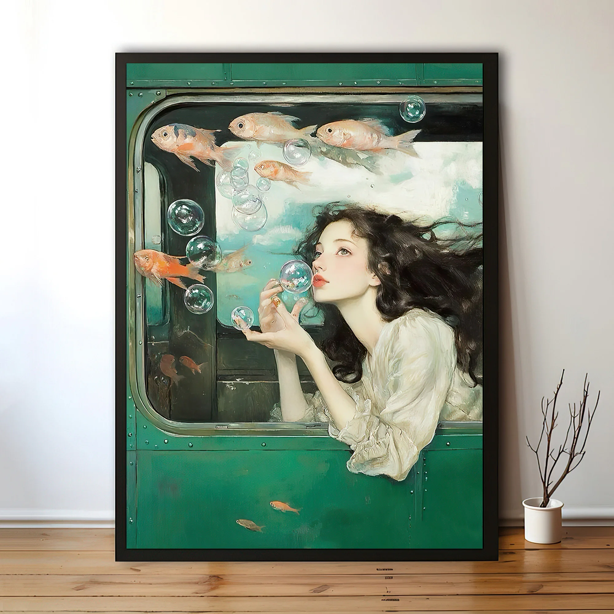 (No frame)2D Flat, 2D Flat/Canvas Print Girl with Long Hair Creating Bubbles/Underwater Setting/Retro Modern Artistic Style/I