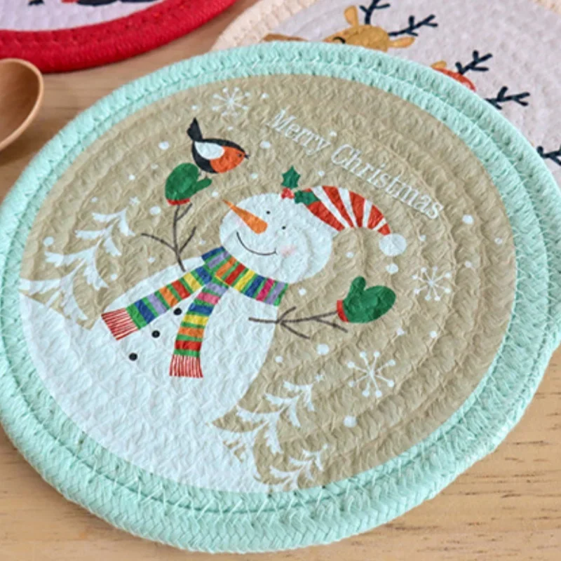 Christmas Printed Round Coasters Elf Snowman Insulated Non-slip  Anti-scald Woven Mat Home and Decoration Kitchen Utensils