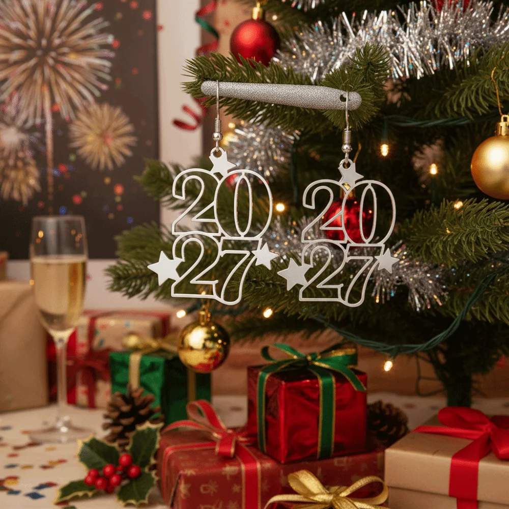 Elegant 2027 Digital Earrings Hollowed-out Fashion Long Drop Happy New Year Earrings Metal Iron Star Design Stud Earrings