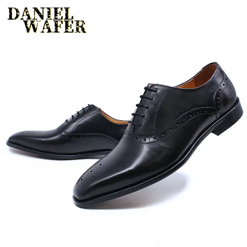 Luxury Mens Oxford Genuine Leather Shoes Black Brown Classic Shoes Brogue Lace Up Dress Wedding Office Business Men Formal Shoes