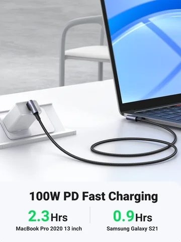 UGREEN 90-градусный кабель PD100W USB C для быстрой зарядки iPhone, Samsung, MacBook — фото устройства