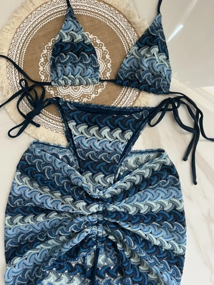 Traje de baño de punto para mujer, Bikini de ganchillo, conjunto de tres piezas, traje de baño dividido, azul y morado