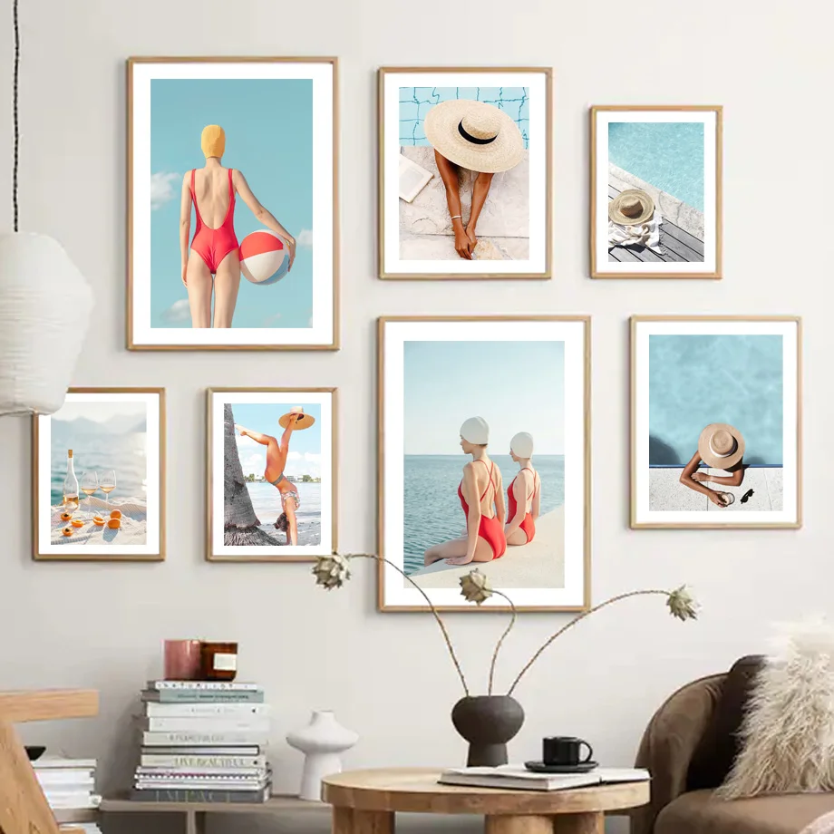 

Boho Beach Girl Swimming Pool Sun Hat Read Drink Wall Art Mural Canvas Painting Posters And Print Living Room Decor