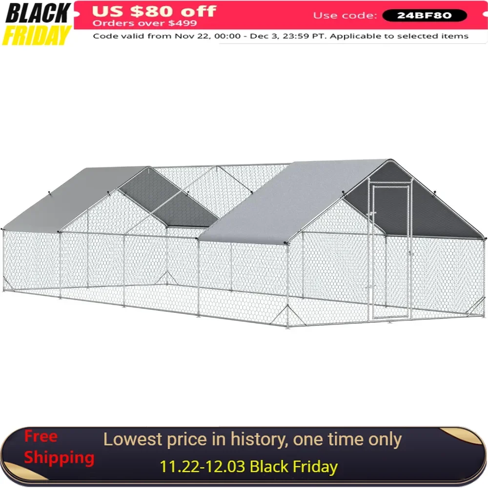 Large Chicken Coop，9.8' X 26.2' X 6.6'，with Waterproof and Anti-UV Cover, Spire Shaped Walk in Fence Cage Hen House，Poultry Cage