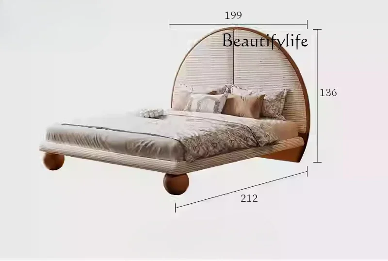 

C40 C Французская двуспальная кровать из массива дерева, креативная полукруглая двуспальная кровать из кремовой ветровой ткани