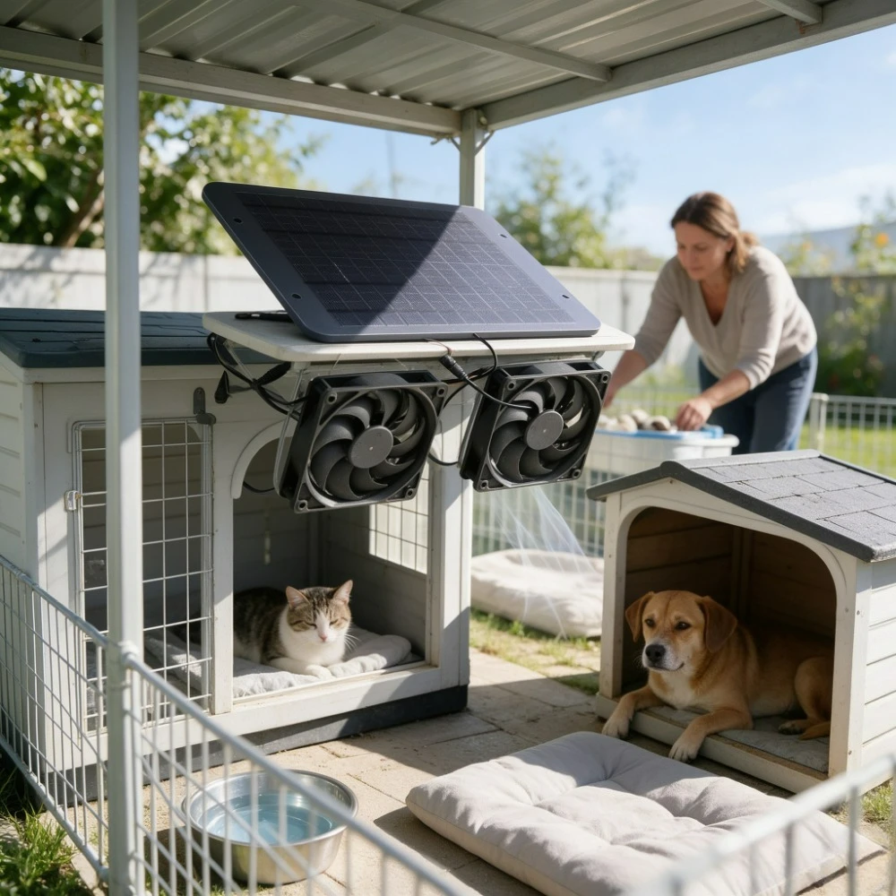 Outdoor Solar Powered Waterproof Double Exhaust Fan Vent Cooler for Dog House Chicken Coop Greenhouse RV Camper Tree House Pet