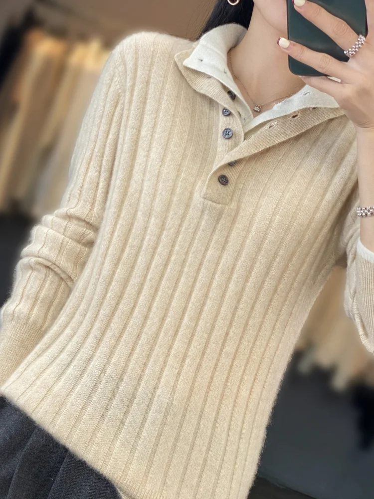 Fashion Women 100% Merino Wool Pullover Sweater Autumn Winter Thickened Warm Cashmere Knitwear Casual Turn-down Collar Clothes
