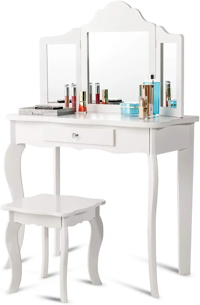 

Wooden Vanity Table With Tri-Folding Mirror And Stool For Kids, Writing Table With Detachable Top And Large Acity Drawer, E1