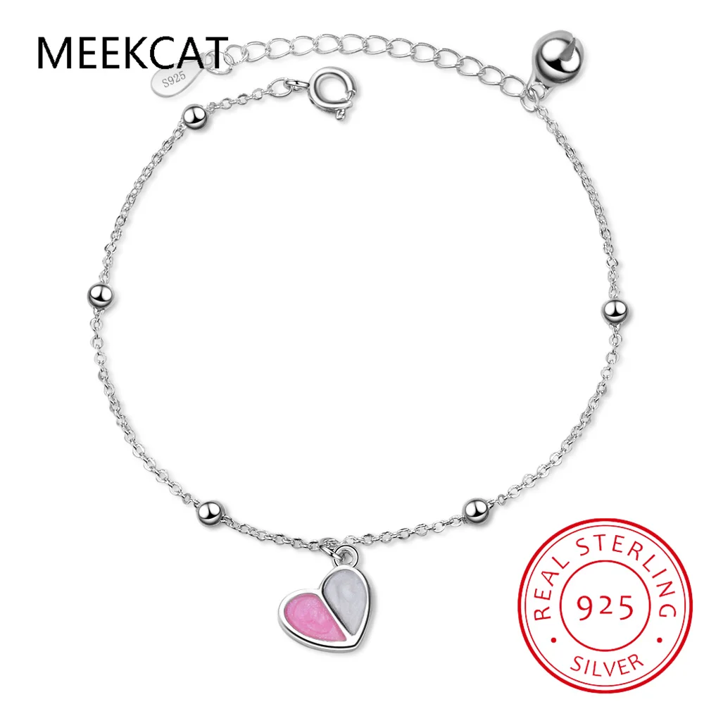 Girl 925 Sterling Silver White/Pink Glaze Love Heart Bracelet Beads Chain Pulseiras  for Women Girl Birthday Gift Jewelry DS4183