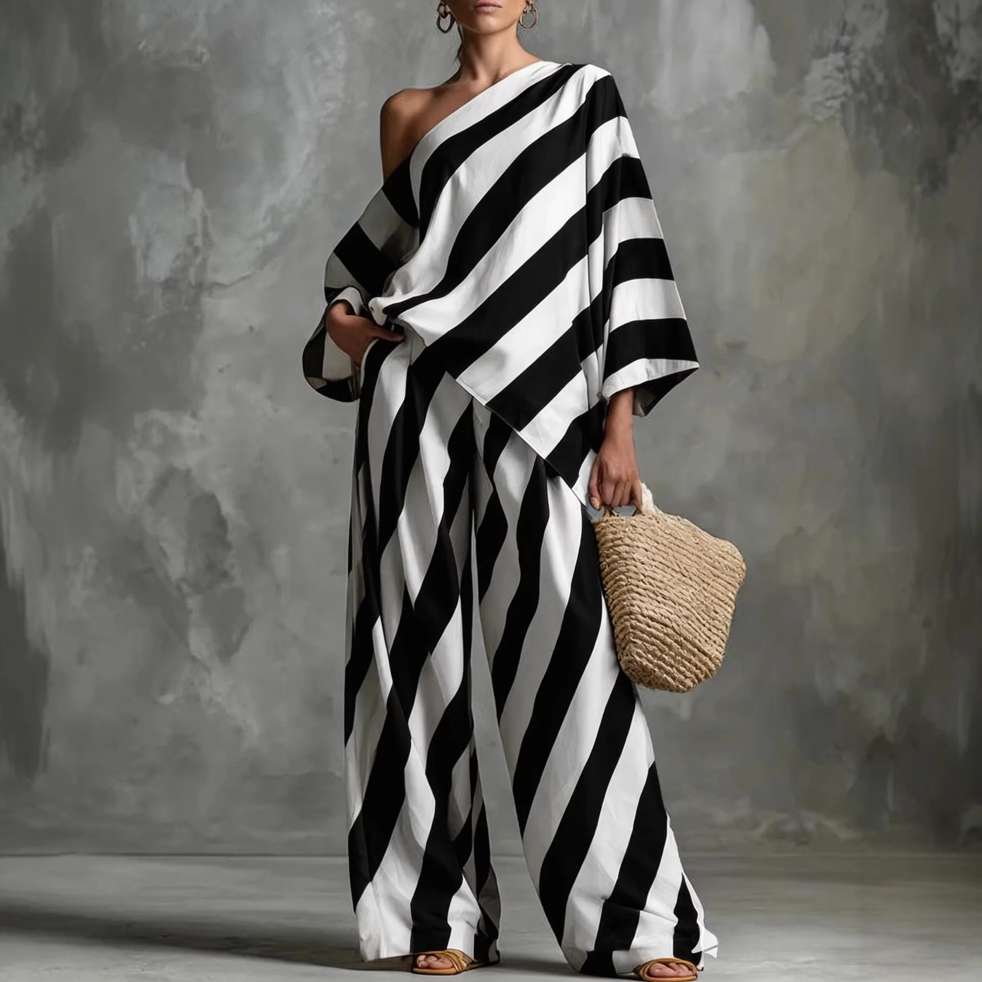 

Fshion Black White Striped 2 Piece Set Asymmetrical Off Shoulder Batwing Sleeve Top and Wide Leg Pants Casual Loungewear Outfit