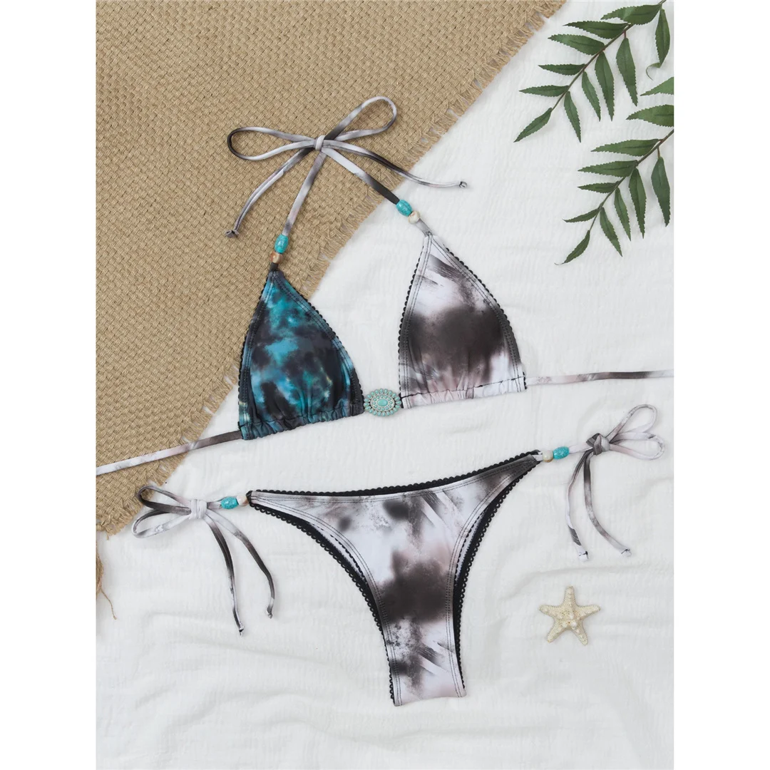 Zweiteiliges Bikini-Set, bedruckter Neckholder-Bikini, Damen-Badeanzug, Damen-Bademode, mit Trägern, hoch geschnitten, Badeanzug, Badebekleidung, Schwimmbekleidung V7613 – Detail 3