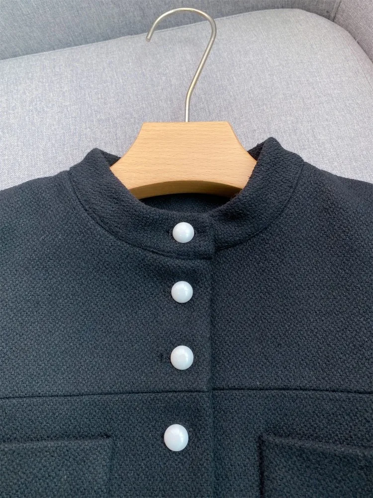 Office Dames Elegante Stand Kraag Tweed Jas Enkele Breasted Zakken Nieuwe Herfst Slim Fit Zwarte Jas Damesmode Bovenkleding